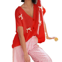 Bow V-Neck Short Sleeve Cardigan