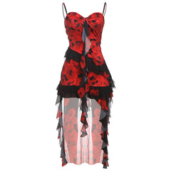 Rose Print Ruffles Hem Maxi Dress