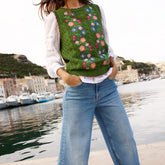 Green Floral Embroidered Sweater Vest