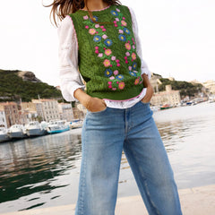 Green Floral Embroidered Sweater Vest