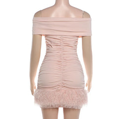 Off-Shoulder Ruched Fur Trim Bodycon Mini Dress