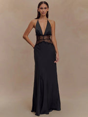 Lace Patchwork Halter Satin Maxi Dress