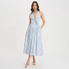 Blue Stripe Deep Halter Maxi Dress