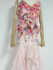 Floral Printed Ruffle Strappy Midi Dress