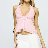 Halter Neck Eyelet Ruffle Tank Top