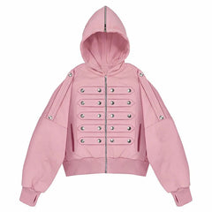 Military Style Braided Chest Trim Zip Up Hoodie