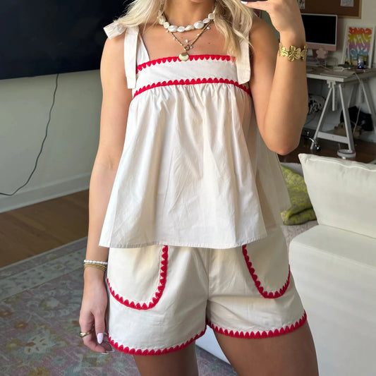 White Color Trim Shoulder Tie Peplum Top And Shorts Set