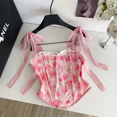 Pink Floral Print Bow Mesh Straps Corset Top