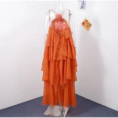 Flower Ruffles Halter Long Dress