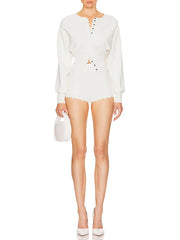 Two Piece O Neck Lantern Sleeve Cardigan And Shorts Set