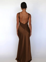 V-neck Satin Backless Pearl Chain Long Dress