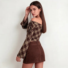Brown Plaid Off-Shoulder Long Flare Sleeve Top