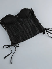 Black Lace-up Corset Ruffles Split Long Skirt Set