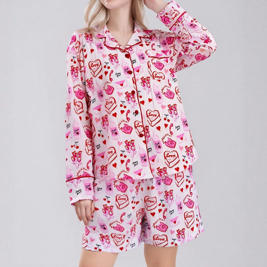 Valentine's Day Long Sleeve Heart Envelope Print Shirt And Shorts Set Pyjamas Set