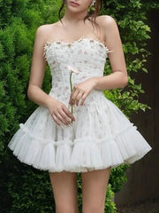 Strapless 3D Flower Tulle Mini Dress