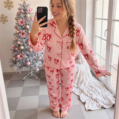 Satin Christmas Ruffle Trim Long Sleeve Shirt And Pants Pajama Set