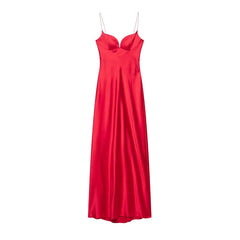 Satin Solid V-neck Strap Maxi Dress