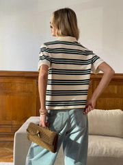 Retro Striped Short Sleeve Polo Neck T-shirt