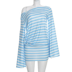 Off Shoulder Long Sleeve Striped Print Backless Hollow Out Mini Dress