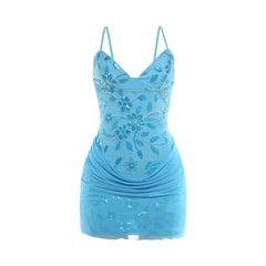 Sequin Spaghetti Strap Mesh Drape Mini Dress