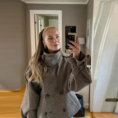 Checkered Button Double Breasted Long Sleeve Coat