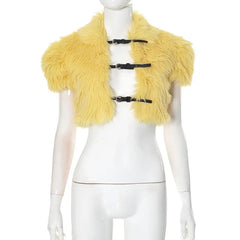 Fluffy Faux Fur Crop Belt Buckle Jacket