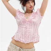 Ruffle V-Neck Short Sleeve Stripes Print Blouse