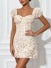 3D Flower Beaded Square Collar Short Sleeve Mini Dress