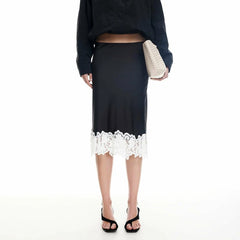 Lace Trimmed Patchwork Satin Midi Skirt