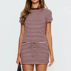 Striped Short Sleeve Crew Neck Top And Drawstring Mini Skirt Set