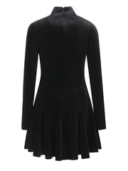 Black Velvet Stand Collar Long Sleeve Mini Dress