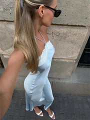 Satin Halter Lace Trim Maxi Dress