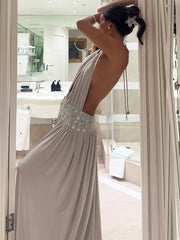 Halter Open Back Slit Button Applique Strap Maxi Dress