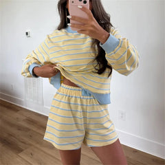 Striped Contrast Color Long Sleeve Sweatshirt And Shorts Set