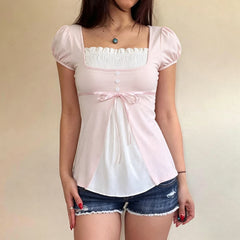 Contrast Color Square Neck Puff Sleeve Bow Babydoll Blouse
