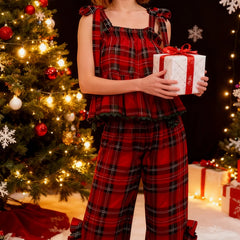 Ruffle Plaid Bow Tie Shoulder Babydoll Tank Top and Pants Loungewear Set