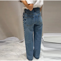 Side Studded Beading Straight Baggy High Waist Denim Pants