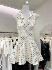 White Polka Dot Sleeveless A Line Mini Dress