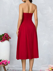 Strapless Solid Flare Red Midi Dress