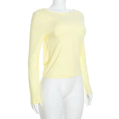 Hollow Open-Back Long-Sleeve Round-Neck Top