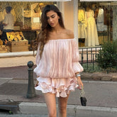 Satin Off Shoulder Lantern Sleeve Ruffled Mini Dress