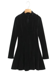 Black Velvet Stand Collar Long Sleeve Mini Dress