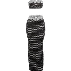 Black Polka Dot Lace Patchwork Bandeau Top And Maxi Skirt Set
