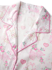 Bunny Bow/Clover Short Sleeve Button-up Top And Shorts Pajama Set