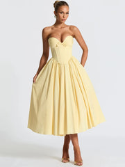 Yellow Strapless A-line Bow Gown Midi Dress
