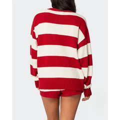 Knit Striped Long Sleeve Pullover And Drawstring Waist Shorts Set
