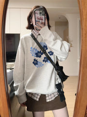 Grey Long Sleeve Blue Flower Print Sweatshirt