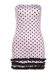 Pink Polka Dot Strapless Ruffle Hem Mini Dress