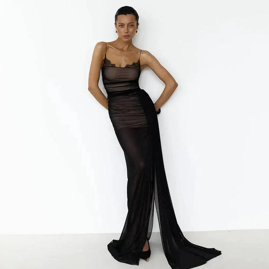 Black Mesh Spaghetti Strap Ruched Draped Maxi Dress