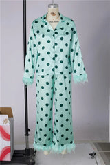 Polka Dot Satin Feather Cuff Shirt And Long Trousers Set